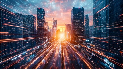 Fototapeta premium Dynamic cityscape at sunset with vibrant light trails of vehicles in motion.