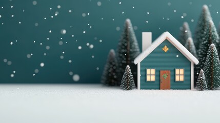 Fototapeta premium Cozy Winter Scene with Snow Falling on Decorated Blue House