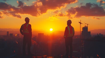 Fototapeta premium Urban sunset silhouette with construction workers overlooking