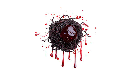 A dark, circular nest made of twigs, holding a blood-red egg with dripping red liquid, creating a striking and eerie visual.