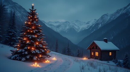 Fototapeta premium Christmas tree stands in the snow next to a lonely romantic hut in the mountains