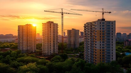 Obraz premium Sunset over urban construction site with cranes and residential buildings.