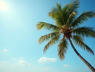Obraz premium Coconut tree swaying in the wind. Space to add text or design