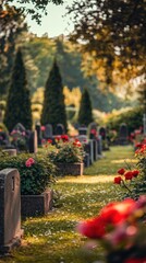 A serene cemetery pathway adorned with flowers and greenery.