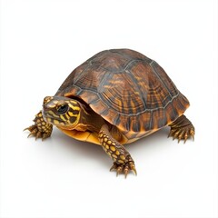 Fototapeta premium Realistic close-up of a colorful turtle displaying intricate shell patterns, showcasing natural beauty and textures on a white background.