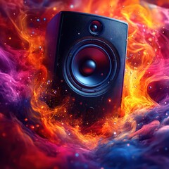 A dynamic speaker surrounded by colorful, swirling smoke and light effects.