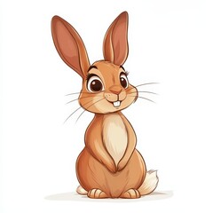 Cute cartoon rabbit character with big eyes and fluffy tail, standing upright with a cheerful expression on a plain background for children's illustrations and designs