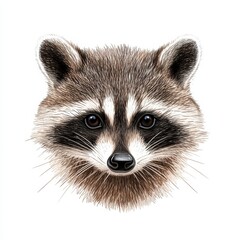 Detailed and Realistic Illustration of a Raccoon Face with Distinctive Features and Expressive Eyes on a White Background