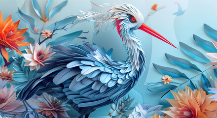Fototapeta premium Paper Craft of a Crane Bird Roaming Around the Jungle