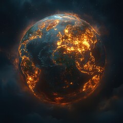 Obraz premium A fiery depiction of Earth, symbolizing environmental distress and climate change.