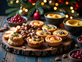 A beautiful display of festive treats  tarts, nuts, and colorful garnishes for holiday celebrations, photography of still life concept.
