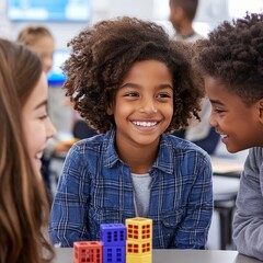 Happy diverse elementary school children smiling and playing with colorful building blocks at school.