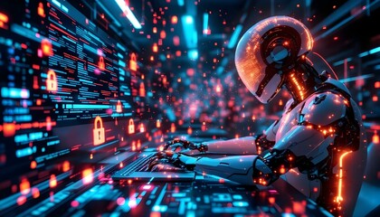 An abstract representation of a cyber-security system being breached by a hacker, visualized through a robotic AI entity