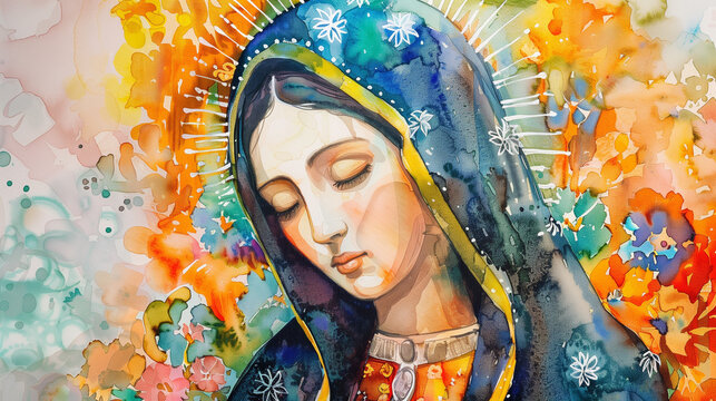Arte de la Virgen de Guadalupe en estilo acuarela