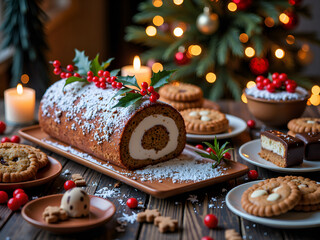 Delicious holiday dessert table with yule log cake and various cookies in a cozy atmosphere, photography of still life concept.