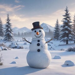 Obraz premium Frosty winter landscape with a snowman in the foreground, snowy mountains, icy trees, snow-covered ground