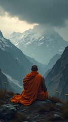 Fototapeta premium Orange robed monk meditating in the mountains of Tibet