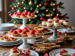 Delicious holiday desserts featuring fresh strawberries and a cozy christmas setting, photography of still life concept.