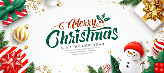 Merry Christmas and Happy new year ornaments, snowman and gift box greeting card banner design isolated on white background, Eps 10 vector illustration