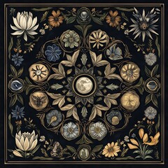 Obraz premium Intricate floral mandala design with moon, flowers, and mystical elements on dark background.