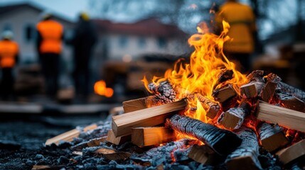 Obraz premium Bright and Lively Bonfire with Logs Providing Warmth and Comfort on a Cool Evening with People in the Background Gathering Around for Social Connection and Stories
