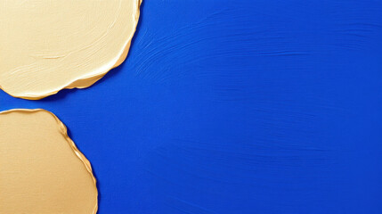 A vibrant blue background features two gold circular shapes, creating a striking contrast and modern aesthetic.