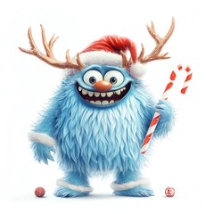 Naklejka premium Cheerful blue creature with antlers and Santa hat holding a candy cane, festive mood.
