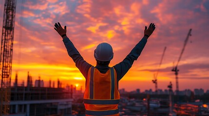 Fototapeta premium Celebratory construction worker at sunset urban cityscape photography