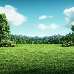 Obraz premium Lush green field, forest background, sunny day.
