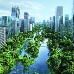 Obraz premium Lush green park and river flowing through a modern city.