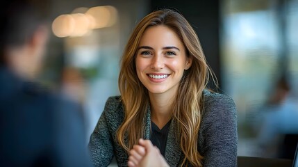 Fototapeta premium Smiling young woman with long hair in a casual meeting setting.