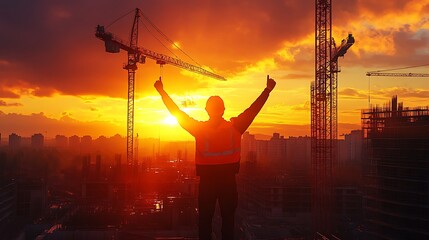 Construction worker celebrates success at sunset in urban landscape