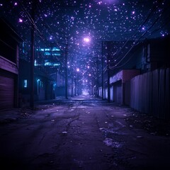 Fototapeta premium Magical night alleyway scene with purple and blue lights.