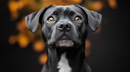Close-up portrait of a black dog with amber eyes against a blurred autumnal background.