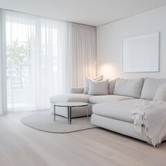 Minimalist living room with white sofa, large windows, and light wooden floors.