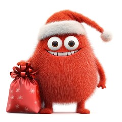 Fototapeta premium Cute red furry character with Santa hat and festive gift bag.