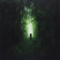 Fototapeta premium Mysterious figure walking down a misty forest path.
