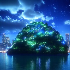 Night cityscape with illuminated island hill.