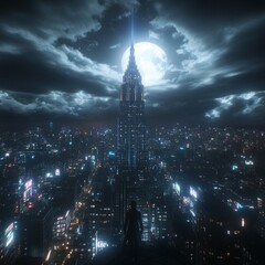 Obraz premium Night cityscape with skyscraper and moon.