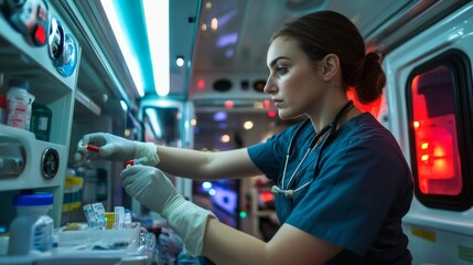 Emergency medical responseparamedic preparing treatment in ambulance night scene action shot urban environment professional focus