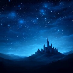Naklejka premium Night sky over a majestic castle silhouetted against a starry backdrop.