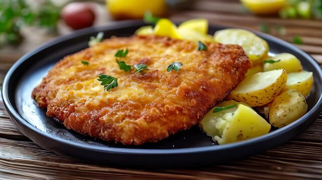 Collection of Footage "A golden-breaded German Wiener Schnitzel with crispy edges, served alongside potatoes on a rustic wooden table"