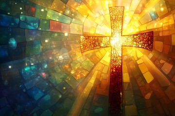A colorful stained glass window with a large cross in the center