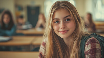 Fototapeta premium A beautiful young female student sitting in a high school classroom, smiling and looking at the camera, wearing a backpack. teenage girl listening to a professor teaching a lesson in classroom.