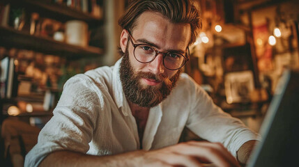 Obraz premium Bearded handsome young businessman sitting in his office, smiling and typing on a laptop computer device keyboard. wearing glasses and white shirt. male person or entrepreneur working,happy at his job