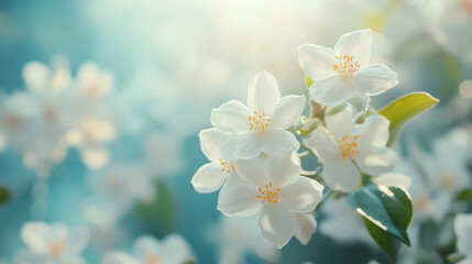 Obraz premium Jasmine flower and fresh blossom with beautiful spring bloom and elegant flora garden nature elegance, fragrant botanical with graceful natural blooming.