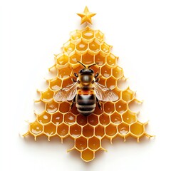 Bee resting on honeycomb shaped like a Christmas tree, symbolizing nature's creativity.