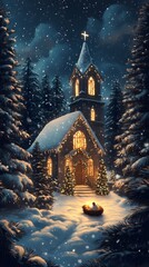 Fototapeta premium Snowy night, church, Christmas eve, winter wonderland, nativity scene.