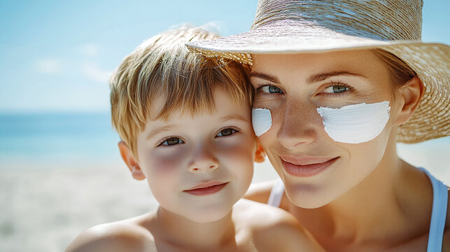 Mother and son with white sunscreen on face skin. parent and child standing outdoors on sand beach, sunburn body protection lotion, sunblock, healthy, adult woman and little toddler boy.