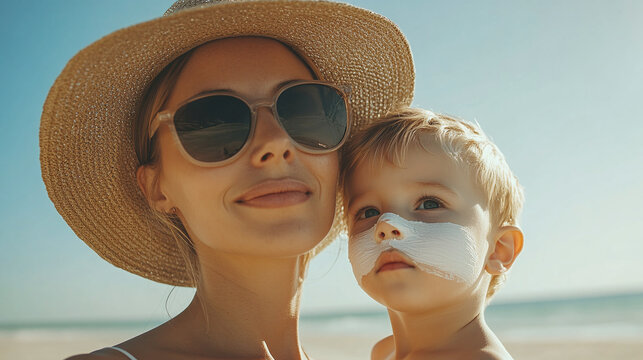 Mother and son with white sunscreen on face skin. parent and child standing outdoors on sand beach, sunburn body protection lotion, sunblock, healthy, adult woman and little toddler boy.